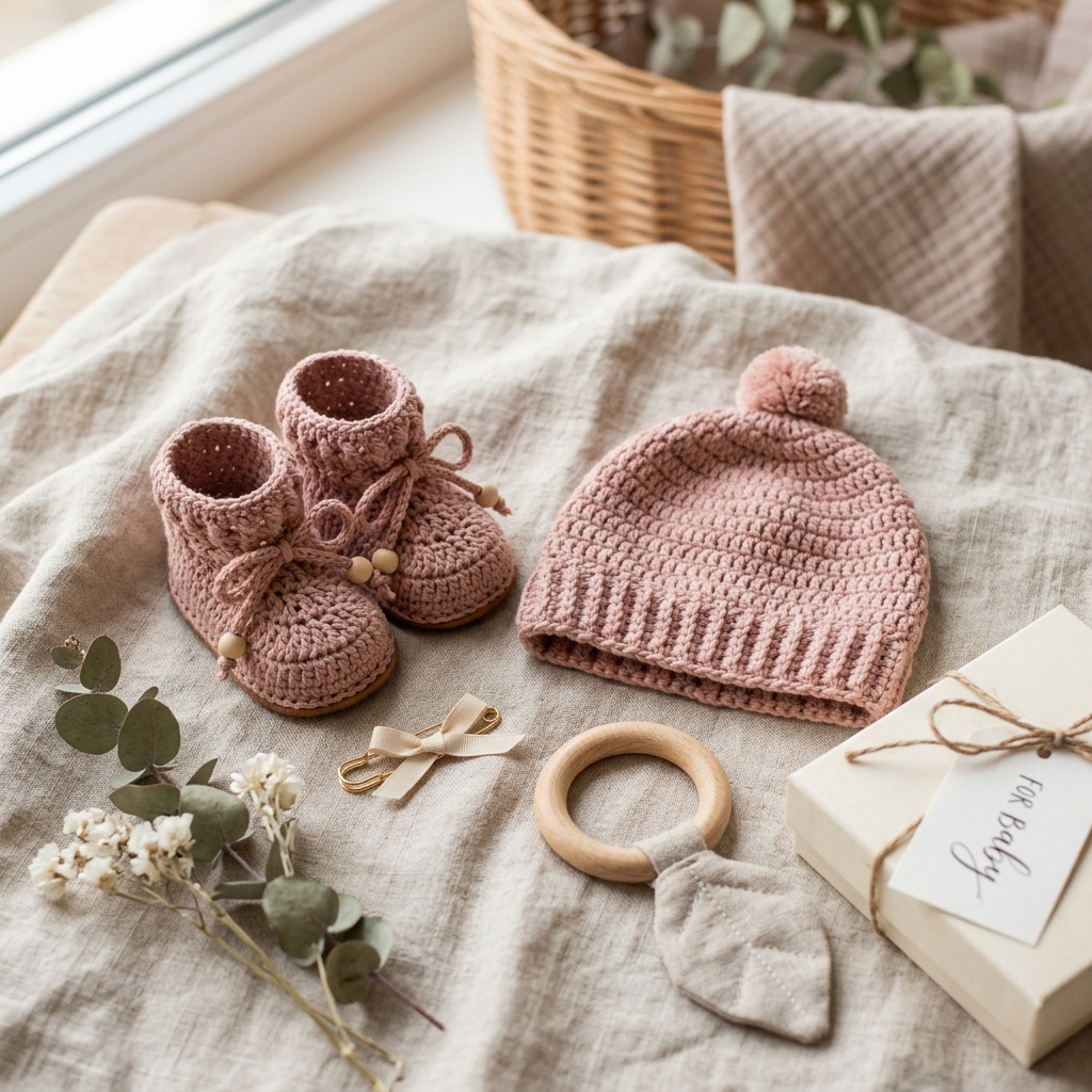 Dusty rose baby bootie and beanie gift set