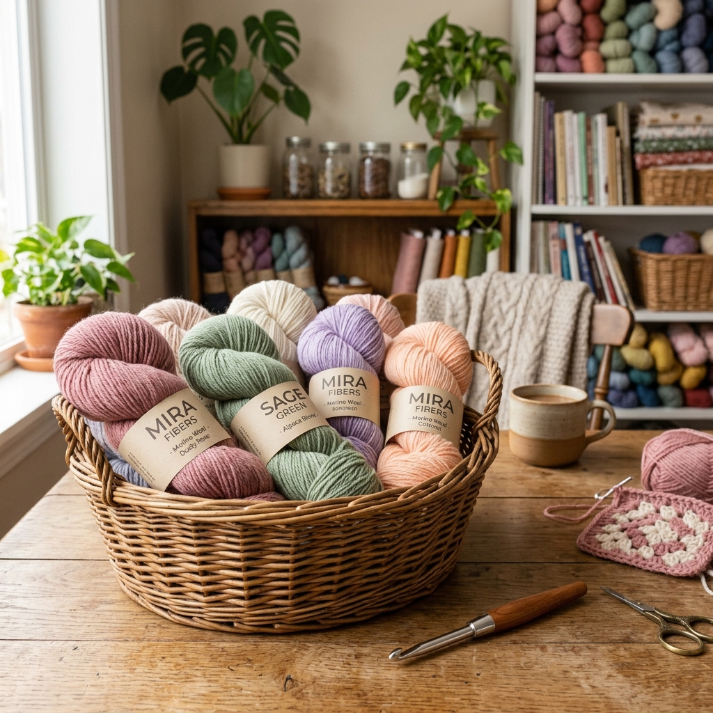 Basket filled with colorful skeins of high quality pastel yarn