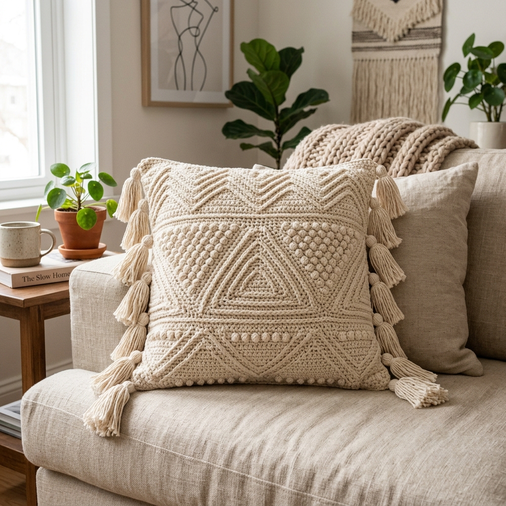 Gối ôm đan len boho màu kem sữa có tua rua đặt trên ghế sofa.