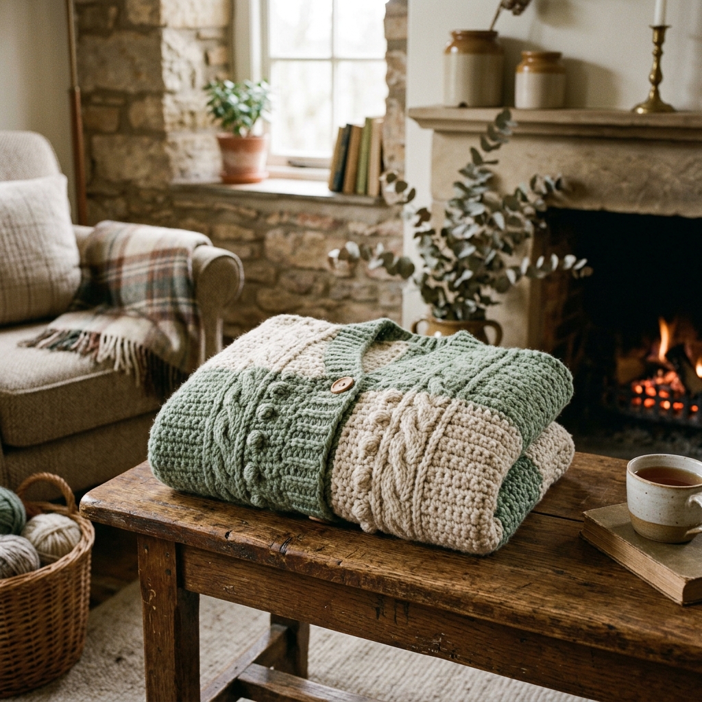 Áo cardigan len dày dặn phối màu xanh sage và kem xếp gọn trên ghế.