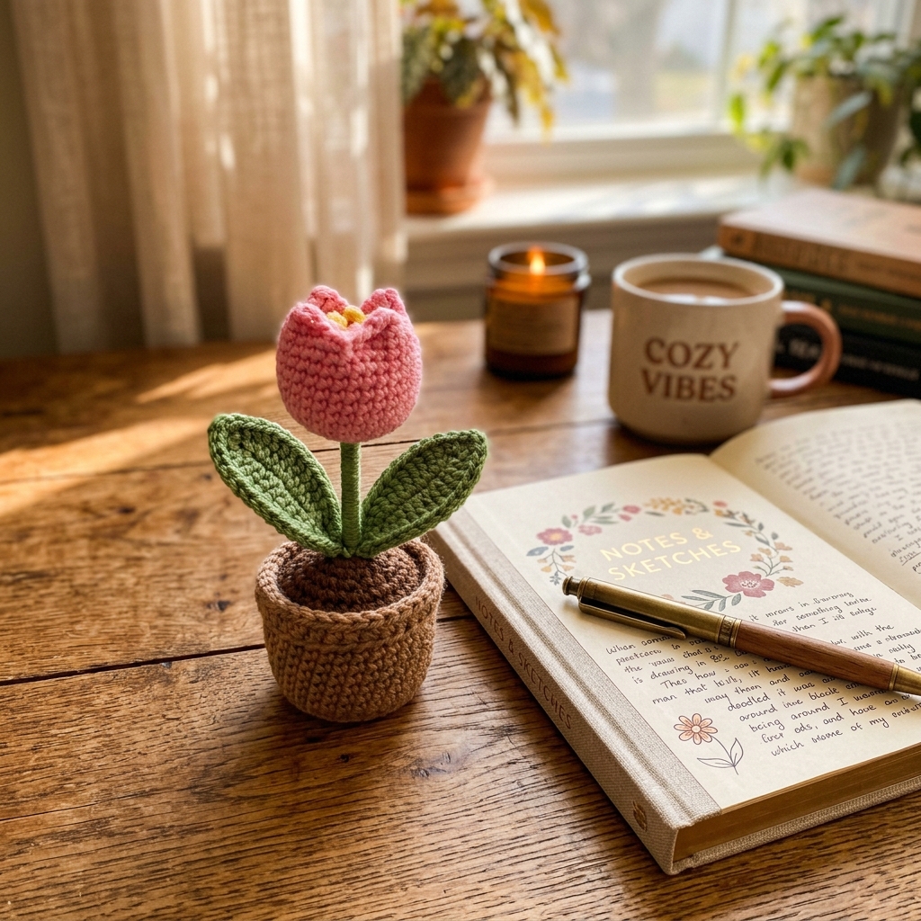 Chậu hoa tulip bằng len màu hồng dễ thương trang trí bàn học.