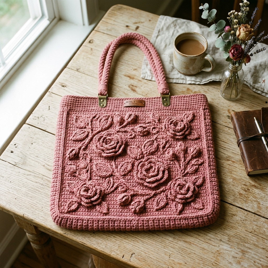 Túi tote len hoa nổi hướng dương màu hồng đất vintage.
