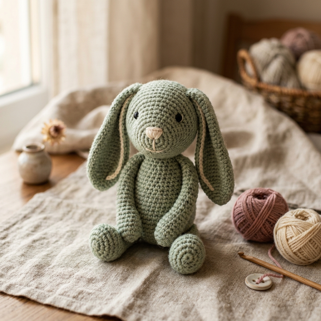 Thỏ len màu xanh xô thơm tai dài mềm mại ngồi trên nền linen nhạt.