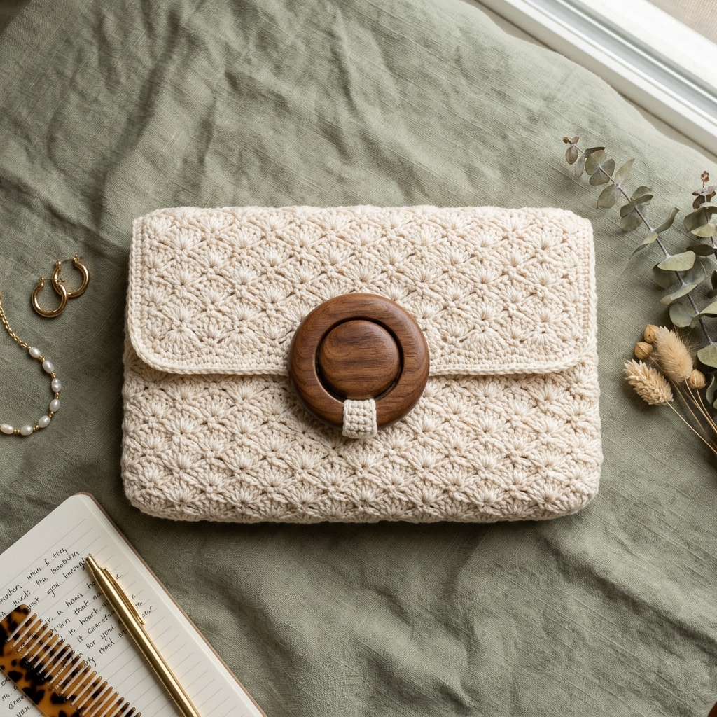 Túi clutch cầm tay đan len màu kem khóa gỗ sồi sang trọng.